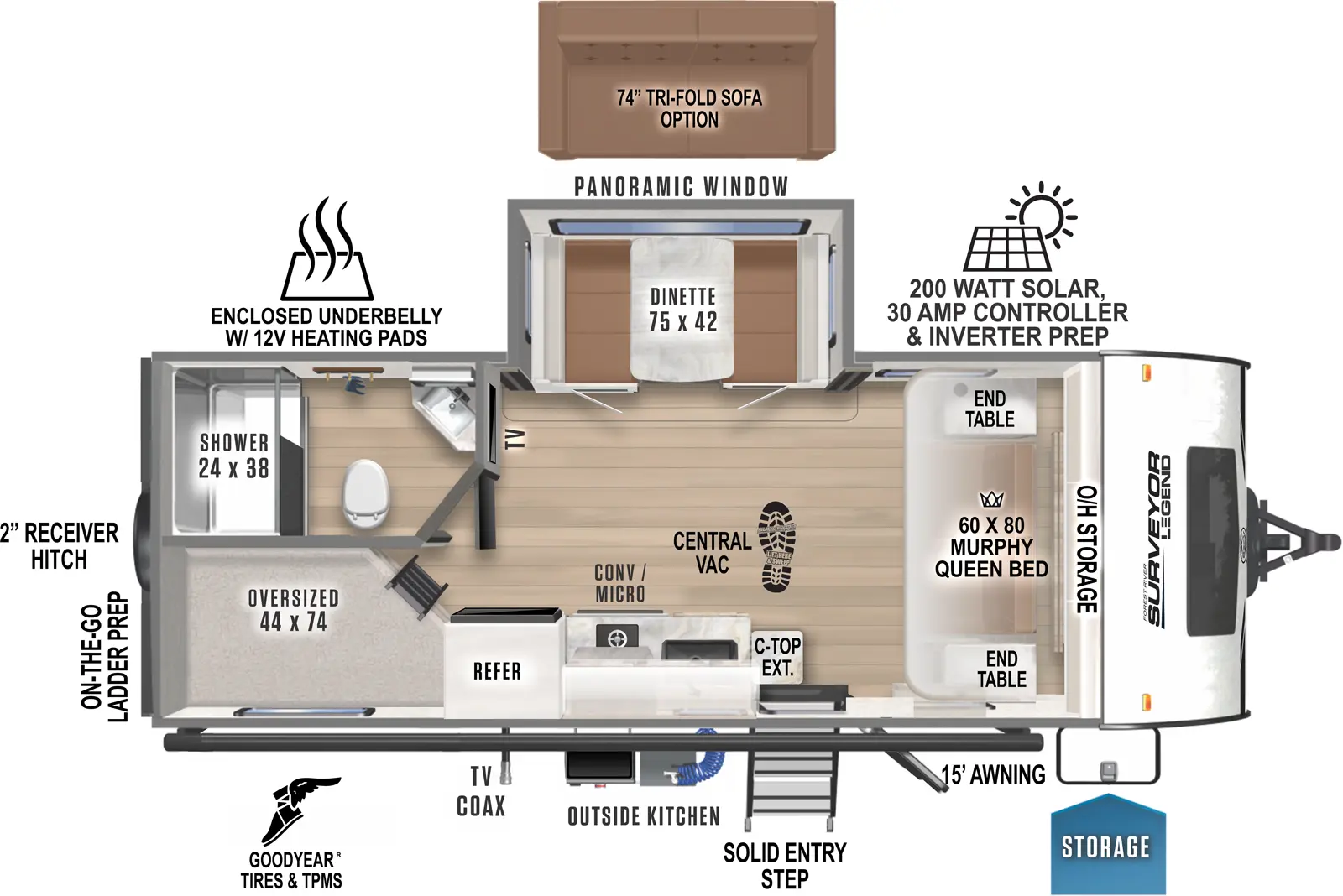 The 19MDBLE has one entry and one slideout. Exterior features storage, solid entry step, TV coax, an outside kitchen, 15 foot awning, Goodyear tires and TPMS, on-the-go-ladder prep, 2 inch receiver hitch, enclosed underbelly with 12 volt heating pads, and 200 watt solar with 30 amp controller and inverter prep. Interior layout front to back: murphy queen bed with overhead storage and end tables on each side; off-door side dinette slideout with panoramic window; TV along inner wall; door side entry, kitchen counter with extension, convection microwave, and refrigerator; rear off-door side full bathroom; rear door side bunks. This RV has central vacuum. Optional tri-fold sofa available in place of dinette.